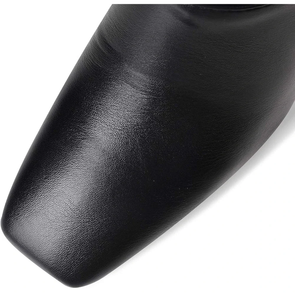 Knee High Chunky Heel Boots Matte Leather Square Closed Toe Slip On High Heeled
